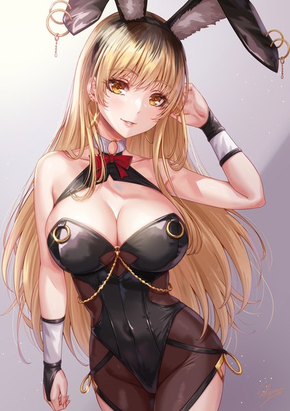 Anime picture 1500x2121 with original sakiyamama single long hair tall image looking at viewer blush fringe breasts open mouth light erotic simple background blonde hair smile large breasts standing signed animal ears yellow eyes payot