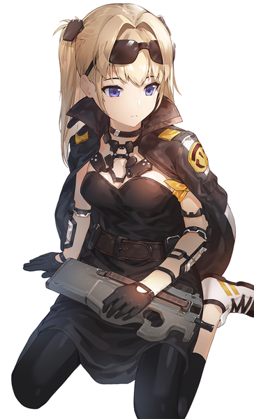 Anime-Bild 661x1090 mit original kfr single long hair tall image fringe breasts simple background blonde hair white background sitting purple eyes looking away open clothes sunglasses on head clothes on shoulders girl dress gloves weapon