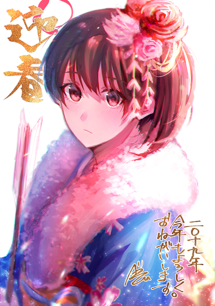 Anime picture 1764x2508 with kantai collection kaga aircraft carrier betti (maron) single tall image looking at viewer blush fringe highres short hair simple background hair between eyes red eyes brown hair white background signed upper body traditional clothes japanese clothes hair flower