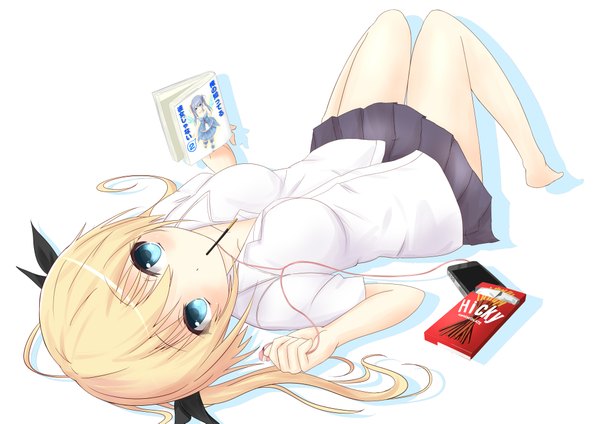 Anime picture 4092x2893 with original saku (kudrove) long hair highres blue eyes blonde hair absurdres lying girl skirt miniskirt shirt white shirt sweets headphones pocky iphone manga (object)