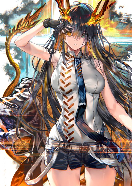 Anime picture 2139x3000 with original ranou single long hair tall image looking at viewer fringe highres breasts blue eyes black hair hair between eyes large breasts standing bare shoulders yellow eyes tail long sleeves parted lips arm up