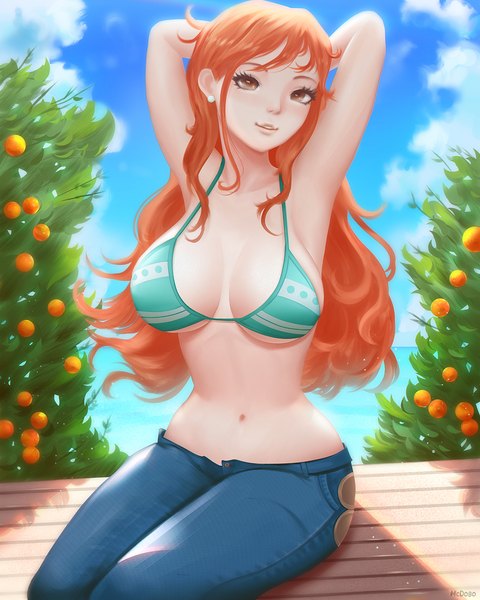 Anime picture 1200x1500 with one piece toei animation nami (one piece) mcdobo single long hair tall image looking at viewer blush fringe breasts light erotic large breasts sitting brown eyes signed sky cloud (clouds) outdoors parted lips