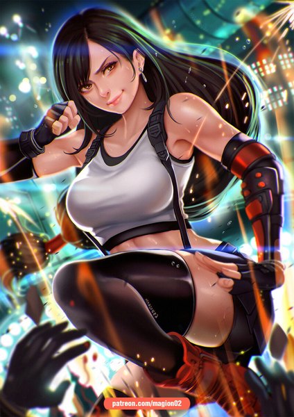 Anime picture 800x1131 with final fantasy final fantasy vii square enix tifa lockhart magion02 single long hair tall image looking at viewer fringe breasts black hair smile bare shoulders signed yellow eyes payot bent knee (knees) outdoors pleated skirt