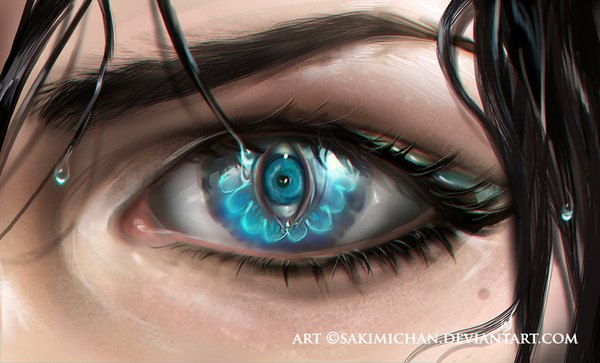 Anime picture 900x545 with original sakimichan single blue eyes black hair wide image signed close-up eyebrows eyes girl drop