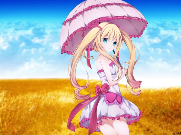 Anime picture 1920x1440 with original hizo (hizoo) long hair highres blue eyes blonde hair twintails cloud (clouds) field girl dress bow umbrella lace