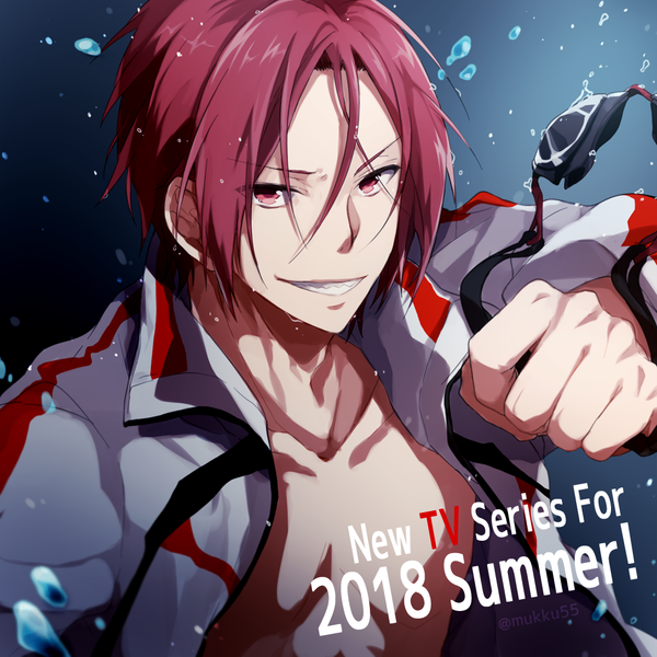 Anime picture 1000x1000 with free! kyoto animation matsuoka rin mukkun single looking at viewer short hair smile red eyes holding upper body red hair open jacket text english 2018 boy jacket goggles