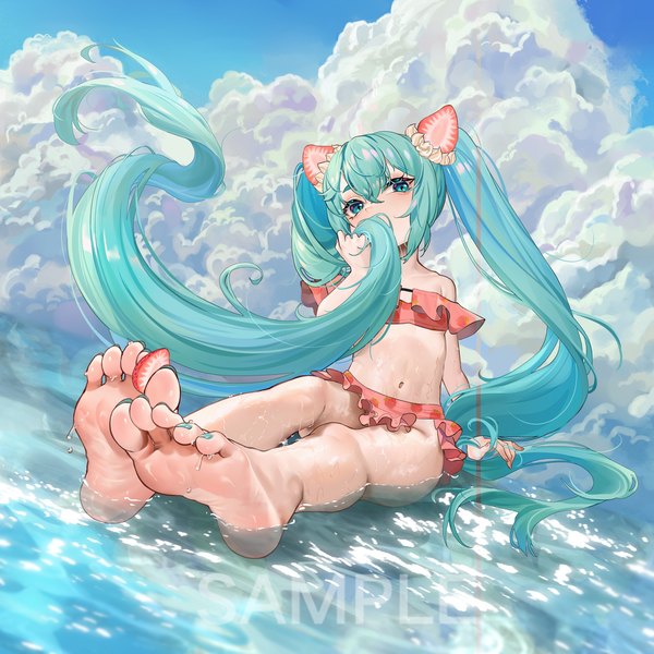 Anime-Bild 1200x1200 mit vocaloid hatsune miku fh moya single looking at viewer blush fringe light erotic hair between eyes twintails bare shoulders holding sky cloud (clouds) full body outdoors very long hair nail polish head tilt barefoot