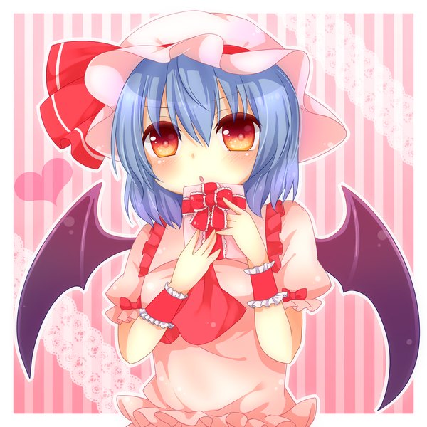 Anime picture 1500x1500 with touhou remilia scarlet yuria (kittyluv) single short hair red eyes blue hair bat wings girl dress wings bonnet gift