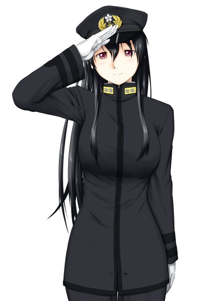 Anime picture 1000x1414 with kantai collection female admiral (kantai collection) niwatazumi single long hair tall image looking at viewer black hair simple background red eyes white background girl gloves uniform suit peaked cap