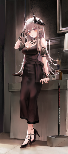 Anime-Bild 4000x9000 mit arknights mudrock (arknights) mudrock (obsidian) (arknights) ru zhai single long hair tall image looking at viewer blush fringe highres breasts open mouth red eyes standing absurdres cleavage silver hair full body indoors