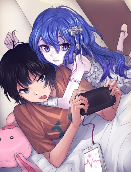 Anime picture 2264x2957 with original maruchi long hair tall image fringe highres short hair blue eyes black hair smile holding blue hair looking away indoors barefoot fingernails hug pale skin clothes writing screaming