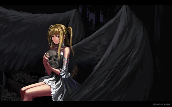 Anime picture 1920x1200 with maria holic shaft (studio) shidou mariya maisaki single long hair highres blonde hair red eyes wide image two side up hug black wings otoko no ko dress boy wings skull