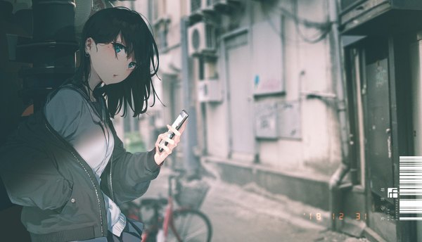 Anime picture 2220x1276 with original rolua single long hair looking at viewer blush fringe highres blue eyes black hair hair between eyes wide image standing holding signed outdoors blurry off shoulder mole open jacket
