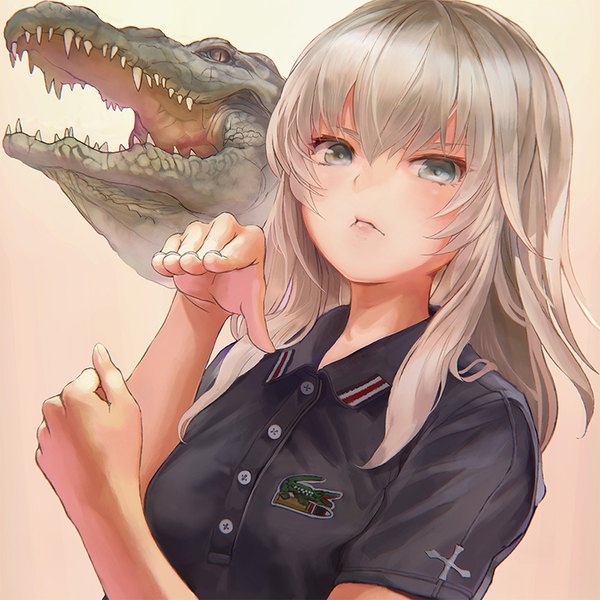 Anime picture 800x800 with girls und panzer lacoste itsumi erika tocope single long hair looking at viewer fringe blonde hair simple background hair between eyes upper body aqua eyes lips teeth from below short sleeves gradient background sharp teeth frown