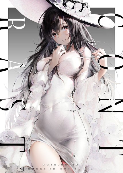 Anime picture 858x1200 with original iori (cpeilad) single long hair tall image looking at viewer blush fringe breasts light erotic black hair simple background hair between eyes red eyes large breasts signed parted lips head tilt wide sleeves covered navel