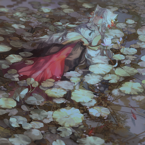 Anime picture 3000x3000 with original cui (jidanhaidaitang) single long hair fringe highres hair between eyes animal ears silver hair traditional clothes japanese clothes heterochromia afloat ophelia's pose girl flower (flowers) animal fish (fishes) lotus