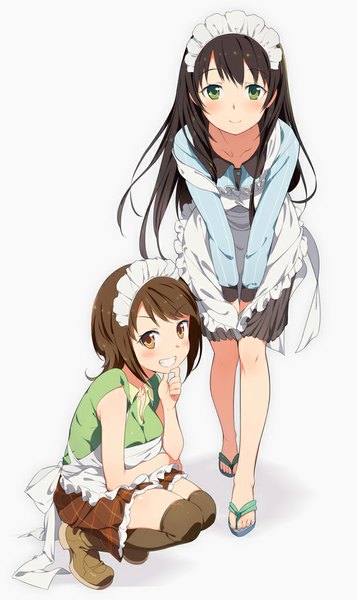 Anime picture 600x1006 with original zpolice long hair tall image looking at viewer blush short hair black hair simple background smile brown hair white background multiple girls brown eyes green eyes girl thighhighs dress black thighhighs 2 girls
