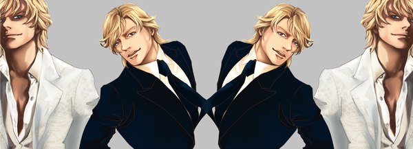 Anime picture 1800x651 with tiger & bunny sunrise (studio) keith goodman junko (atrist) short hair blue eyes simple background blonde hair wide image reflection multiple persona boy shirt necktie jacket
