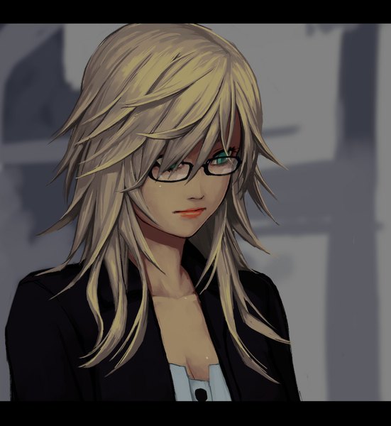 Anime picture 918x1000 with original mustard seeds yuuji (and) single long hair tall image blonde hair green eyes looking away lipstick portrait face makeup girl glasses