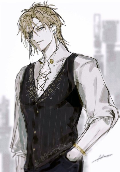 Anime picture 1434x2048 with fire emblem fire emblem: three houses nintendo dimitri alexandre blaiddyd mr (mst 011) single tall image looking at viewer fringe short hair blue eyes smile hair between eyes parted lips head tilt alternate costume hand in pocket boy earrings bracelet