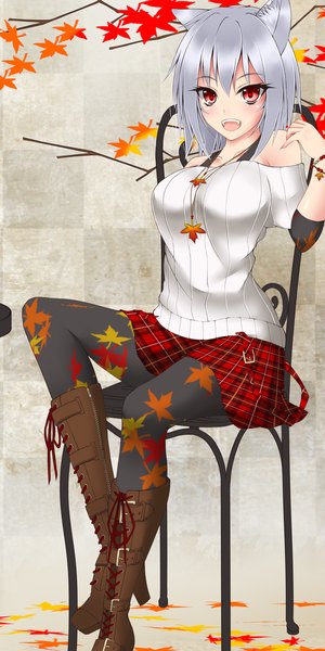 Anime picture 1000x2000 with touhou inubashiri momiji gmot single tall image looking at viewer blush short hair open mouth red eyes sitting animal ears silver hair wolf ears girl boots leaf (leaves) sweater