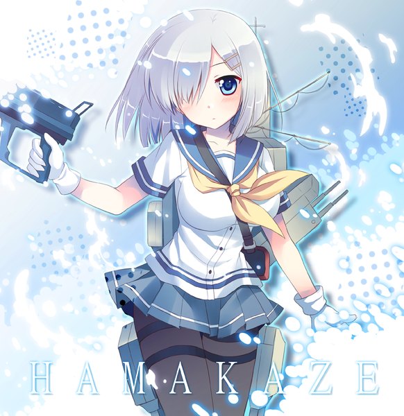 Anime picture 1100x1134 with kantai collection hamakaze destroyer ayamisiro single tall image looking at viewer blush fringe short hair blue eyes silver hair hair over one eye girl skirt gloves hair ornament weapon miniskirt pantyhose water