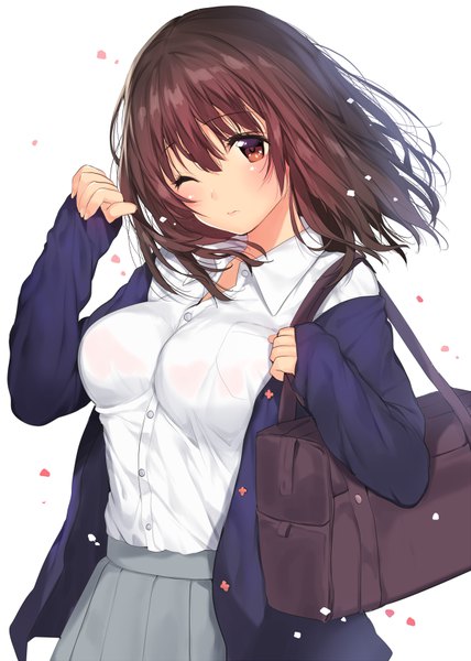 Anime picture 600x840 with original matarou (genkai toppa) single long hair tall image blush fringe breasts light erotic simple background hair between eyes brown hair large breasts white background brown eyes looking away upper body head tilt pleated skirt one eye closed