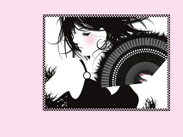 Anime picture 1200x900 with laichro (artist) single blush short hair black hair simple background white background holding eyes closed nail polish profile wind pink background framed dress earrings black dress fan boa