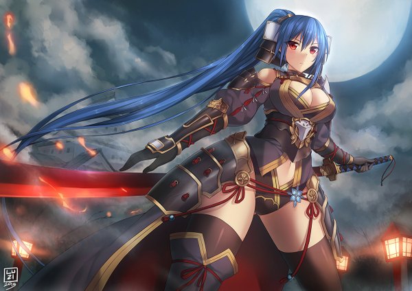 Anime picture 1200x849 with original luzi (coffee-straw-luzi) single long hair breasts light erotic red eyes blue hair sky cloud (clouds) ponytail girl thighhighs gloves weapon black thighhighs sword elbow gloves katana moon