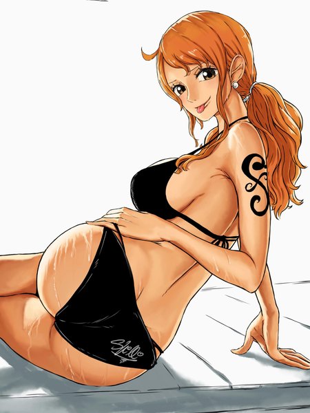 Anime picture 3000x4000 with one piece toei animation nami (one piece) sherumaru (korcht06) single long hair tall image looking at viewer fringe highres breasts light erotic simple background smile large breasts white background sitting twintails brown eyes signed