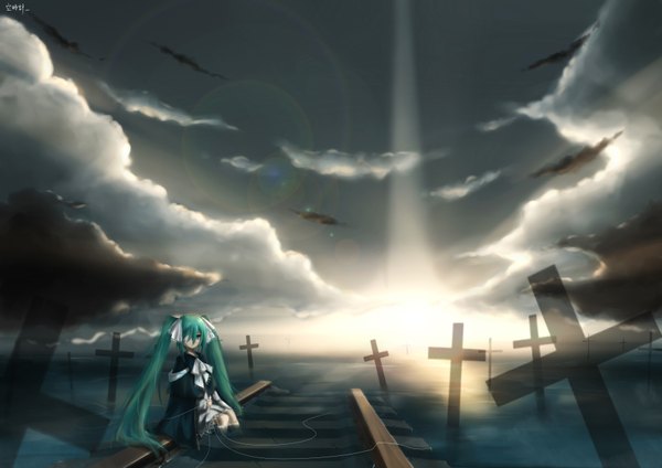 Anime picture 3507x2480 with vocaloid hatsune miku single highres sitting twintails absurdres sky cloud (clouds) very long hair aqua eyes sunlight aqua hair girl dress ribbon (ribbons) hair ribbon eyepatch cross railways