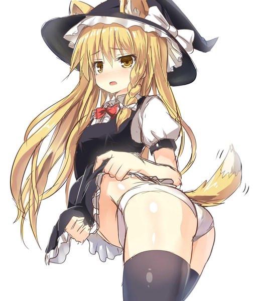 Anime picture 1720x2048 with touhou kirisame marisa greatmosu single long hair tall image blush fringe highres open mouth light erotic simple background blonde hair hair between eyes white background animal ears yellow eyes looking away ass tail