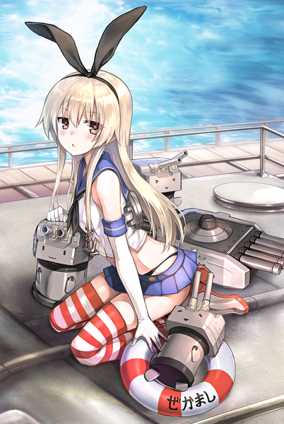 Anime picture 1005x1500 with kantai collection shimakaze destroyer rensouhou-chan hiten (hitenkei) long hair tall image looking at viewer blush light erotic blonde hair red eyes bare shoulders :3 > < girl thighhighs gloves bow weapon hair bow