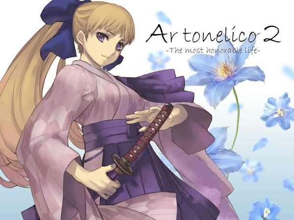 Anime picture 1024x768 with ar tonelico ar tonelico ii gust (company) chroche latel pastalie nagi ryou single long hair looking at viewer fringe blonde hair smile purple eyes holding ponytail traditional clothes japanese clothes copyright name official alternate costume ready to draw yagasuri