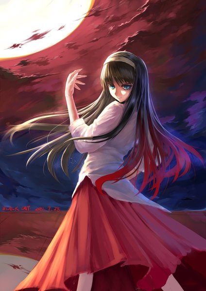 Anime picture 2480x3507 with shingetsutan tsukihime type-moon toono akiha hei mao de zu ji single long hair tall image highres blue eyes black hair cloud (clouds) girl skirt miniskirt shirt hairband moon