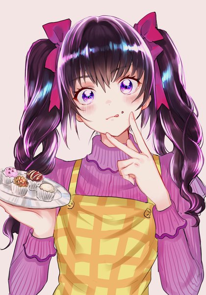 Anime picture 1050x1500 with original rosette (roze-ko) single long hair tall image blush fringe simple background hair between eyes purple eyes twintails holding purple hair upper body head tilt victory :q chocolate on face girl bow