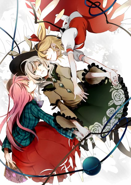 Anime picture 850x1200 with touhou flandre scarlet komeiji koishi hata no kokoro sofy long hair tall image blonde hair smile red eyes multiple girls green eyes looking away pink hair long sleeves parted lips profile grey hair short sleeves puffy sleeves
