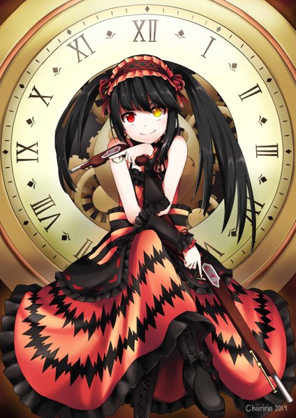 Anime picture 4133x5846 with date a live tokisaki kurumi chiiririn single long hair tall image looking at viewer highres black hair smile twintails absurdres heterochromia girl dress weapon detached sleeves boots gun clock