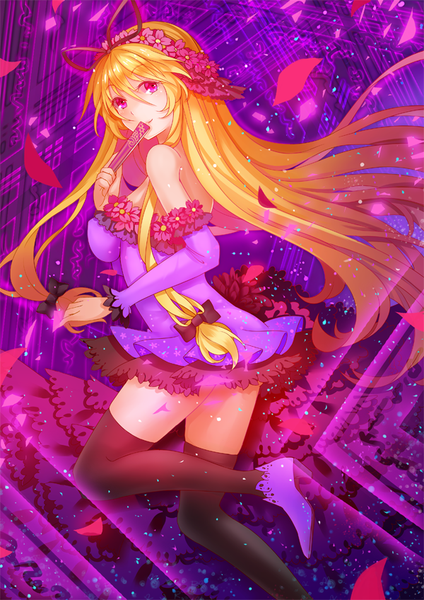 Anime picture 600x848 with touhou yakumo yukari vetina long hair tall image looking at viewer fringe breasts blonde hair smile twintails bare shoulders bent knee (knees) pink eyes hair flower girl thighhighs dress hair ornament flower (flowers)