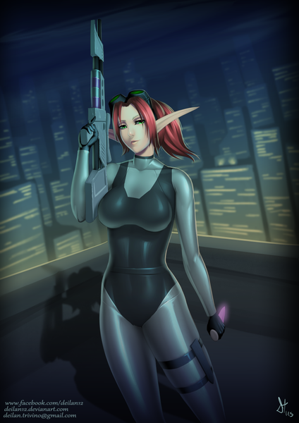 Anime picture 877x1240 with deilan12 (artist) single tall image looking at viewer short hair breasts green eyes red hair pointy ears shadow girl weapon glasses gun bodysuit