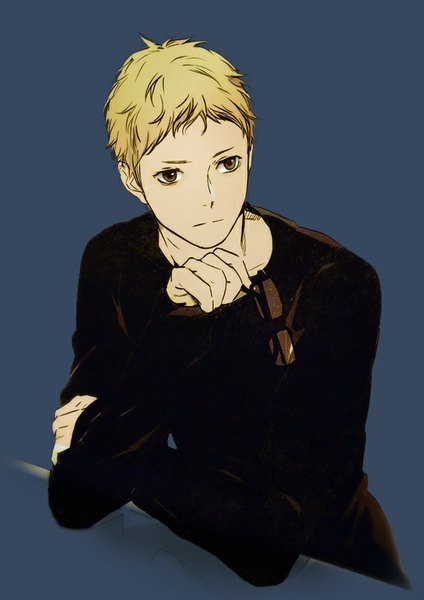 Anime picture 600x849 with haikyuu!! production i.g tsukishima kei zis (artist) single tall image short hair blonde hair simple background brown eyes looking away dark background boy glasses