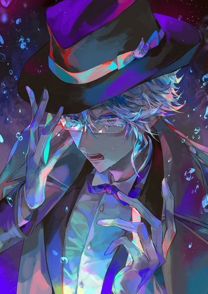 Anime-Bild 827x1169 mit twisted wonderland azul ashengrotto nagame (nagaiame) single tall image fringe short hair open mouth hair between eyes silver hair upper body tears looking down underwater silver eyes boy gloves hat glasses white gloves