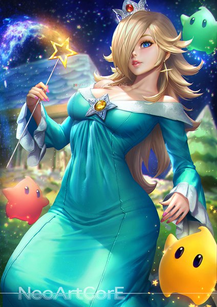 Anime picture 800x1132 with super mario bros. rosetta (mario) chiko (mario) nudtawut thongmai single long hair tall image looking at viewer fringe breasts blue eyes blonde hair standing bare shoulders holding signed outdoors nail polish parted lips fingernails