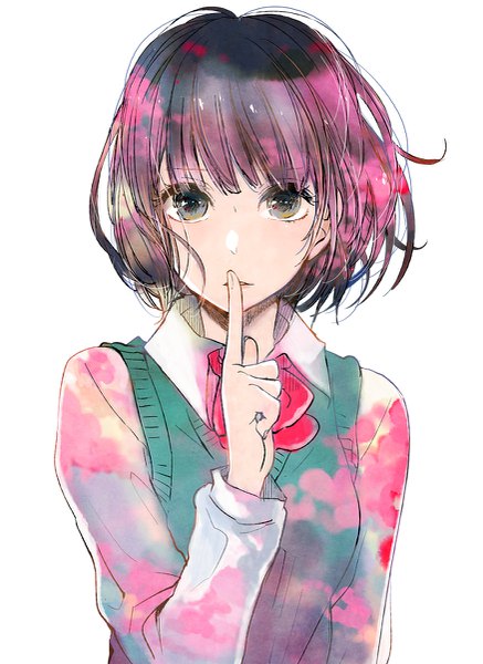 Anime picture 875x1200 with kuzu no honkai yasuraoka hanabi weda (artist) single tall image looking at viewer short hair simple background brown hair white background upper body long sleeves parted lips wind official art grey eyes finger to mouth girl uniform school uniform