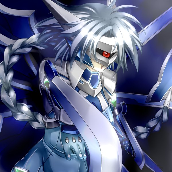 Anime picture 1500x1500 with blazblue nu-13 hinaasagi single open mouth silver hair braid (braids) very long hair mecha musume girl