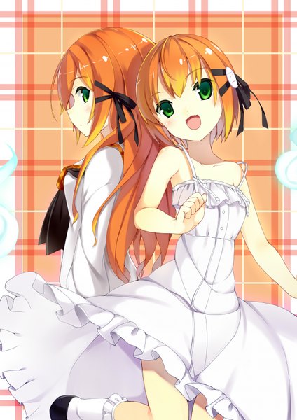 Anime picture 1200x1696 with rokujouma no shinryakusha!? higashihongan sanae kaede (yumesaki kaede) long hair tall image looking at viewer blush short hair open mouth bare shoulders multiple girls green eyes profile orange hair dual persona girl dress uniform ribbon (ribbons) 2 girls