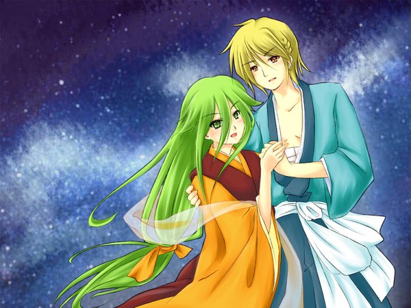 Anime picture 1600x1200 with shakugan no shana j.c. staff orihime hikoboshi long hair highres short hair blonde hair green eyes japanese clothes green hair orange eyes couple cosplay space tanabata pheles piku johan