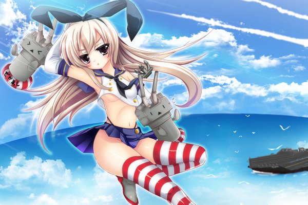 Anime picture 1280x853 with kantai collection shimakaze destroyer rensouhou-chan natsumikan single long hair looking at viewer light erotic blonde hair brown eyes sky cloud (clouds) midriff girl thighhighs gloves navel miniskirt animal elbow gloves