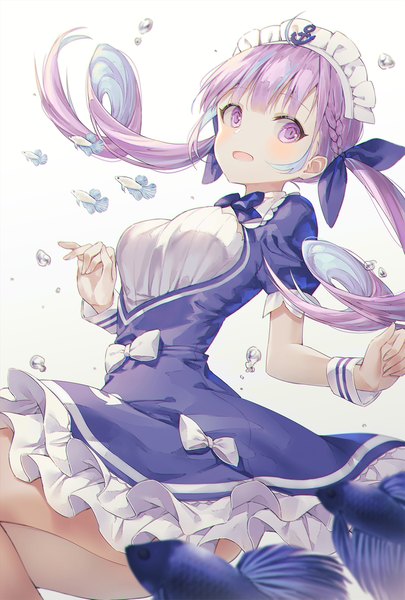 Anime picture 1000x1481 with virtual youtuber hololive minato aqua minato aqua (1st costume) cha chya single long hair tall image fringe open mouth white background purple eyes twintails looking away purple hair :d multicolored hair drill hair colored inner hair convenient censoring