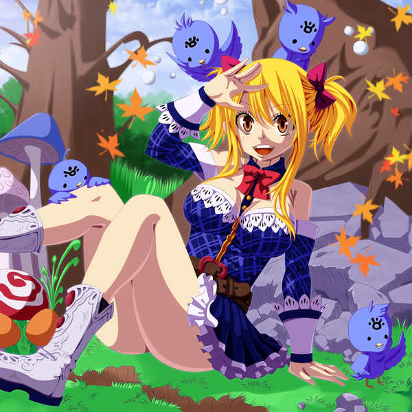 Anime picture 4800x4800 with fairy tail lucy heartfilia iitheluciferii long hair blush highres open mouth light erotic blonde hair smile brown eyes absurdres sky cloud (clouds) black eyes coloring girl dress plant (plants) detached sleeves